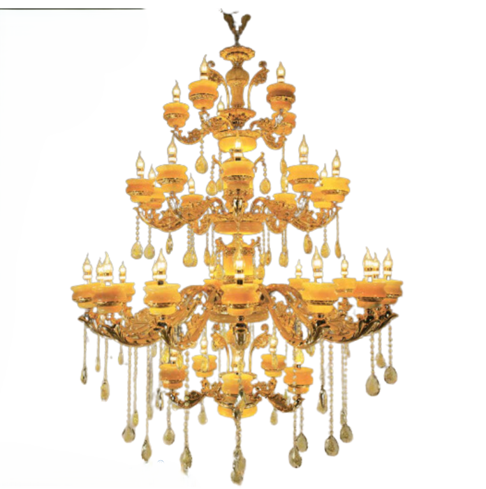 Đèn chùm nến đồng 4 tầng màu vàng đồng thả sảnh phòng khách 35 tay